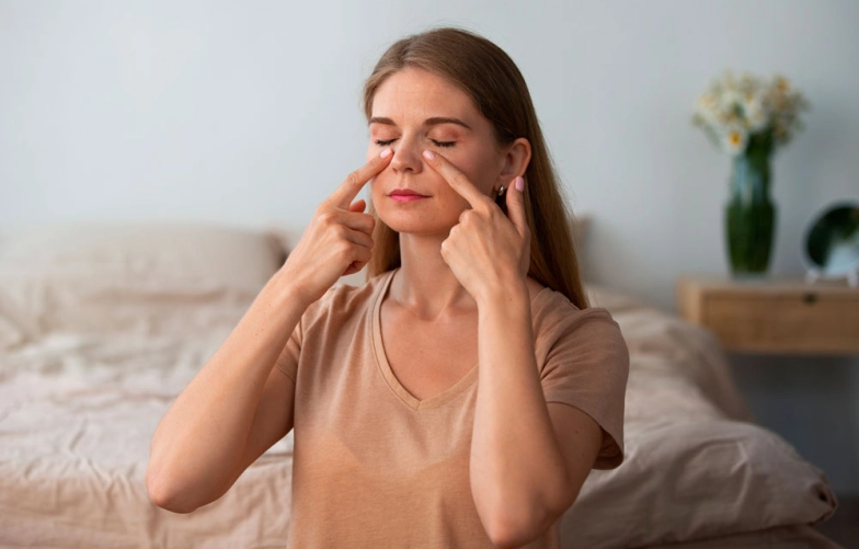 женщина делает лимфодренажный массаж лица