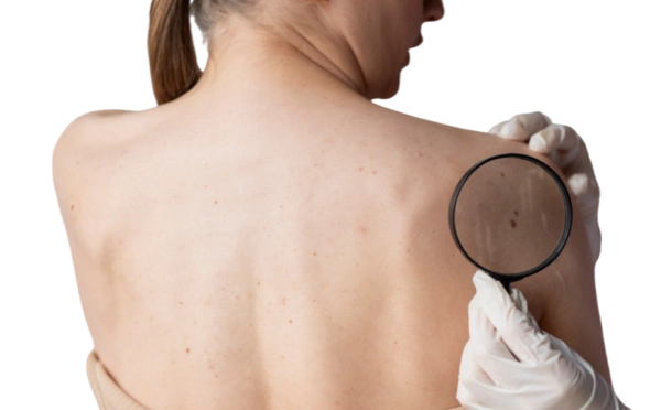 врач диагностирует липому на теле пациентки